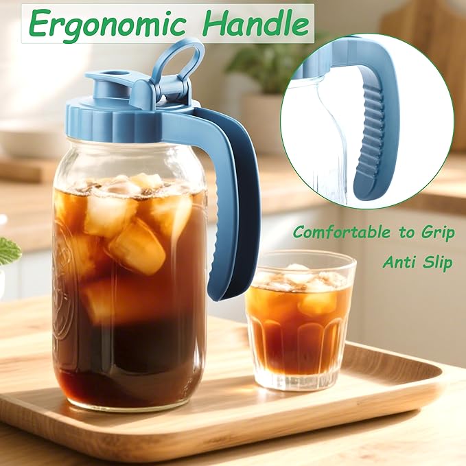 Mason Jar Pitcher With Stainless Steel Filter 64 OZ 2 Pack Wide Mouth Cold Brew Coffee Maker 2 Quart Glass water pitcher with lid Half Gallon Cold hot Tea maker For Lemonade Milk Juice Refrigerator