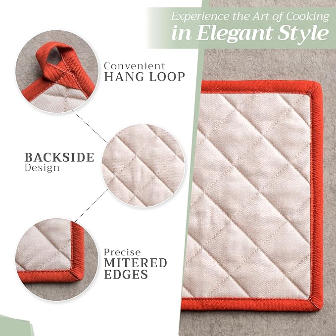 Maison d' Hermine Pot Holders 100% Cotton Heat Resistant Potholders 8" x 8" Hot Pads with Loop BBQ, Cooking, Baking, Grilling, Kitchen, Handling Hot Pans (Pack of 1, Potiron)