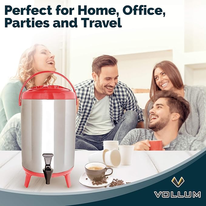 Stainless Steel Insulated Beverage Dispenser – Insulated Thermal Hot and Cold Coffee Carafe – 12 Liter Drink Dispenser with Spigot for Hot Water, Tea & Coffee, Cold Milk, Juice & More RED