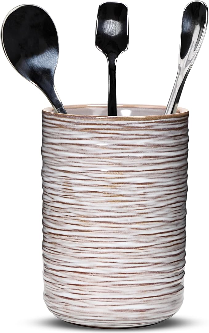 Ceramic Spoon Holder for Coffee Bar, Upright Tea Spoon Holder Cup, Coffee Stirrers Straws Stir Stick Holder, Glossy Silk Stripe