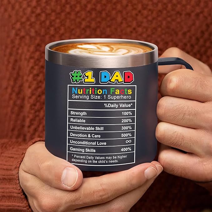 Gossby 14oz Super Daddio Travel Coffee Mug Tumbler - No. 1 Dad Nutrition Facts - Christmas, Fathers Day, Birthday Gift for Dad from Daughter Son Kid - Insulated Stainless Steel Cup with Handle
