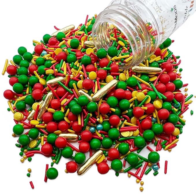 SE Si&Moos Christmas Sprinkles Mix Christmas Cookie Decorations Red and Green Pearl Sprinkles for Cake Decorating Green and Gold Jimmies Edible Holiday Cookie Decorations Baking Supplies for Holiday 3 OZ