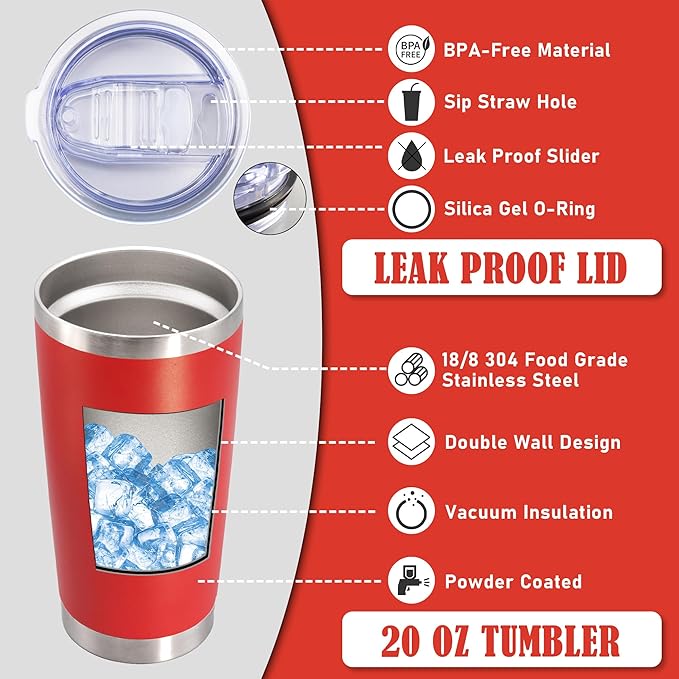 20 oz Tumbler Coffee Tavel Tumblers Bulk with Lid Stainless Steel Double Wall Vacuum Insulated Mug Powder Coated Cups fit Car Cupholder for Hot and Cold - Red, 1Pack