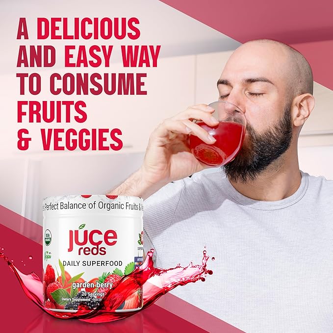 Terra Kai Organics JUCE Reds Organic Superfood Powder - Garden Berry Flavor | Fruit & Veggie Powder for Everyone w/64 Immune Boosting Superfood Plus Probiotics for Gut Health | 20 Servings (230g)