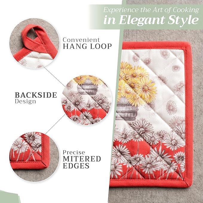 Maison d' Hermine Pot Holders 100% Cotton Heat Resistant Potholders 8" x 8" Hot Pads with Loop BBQ, Cooking, Baking, Grilling, Kitchen, Handling Hot Pans (Pack of 1, Bagatelle)