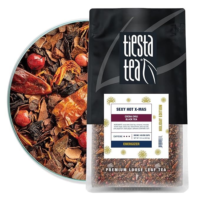 Tiesta Tea - Sexy Hot Christmas, Loose Leaf, Cocoa Chili Black Tea, Premium Blend, High Caffeinated Spicy Black, Make Hot or Iced Tea & Brews Up to 200 Cups, 16oz Resealable Bulk Pouch