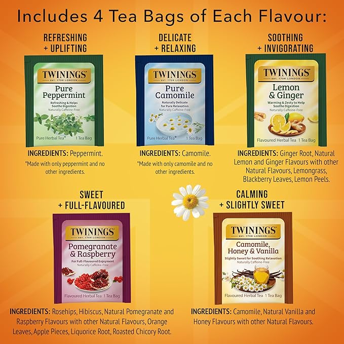 Twinings Herbal Tea Variety Pack, 20 Count (Pack of 6), Formerly Assorted Herbal, Includes 5 Flavours, Naturally Caffeine-Free, Enjoy Hot or Iced, 120 Teabags