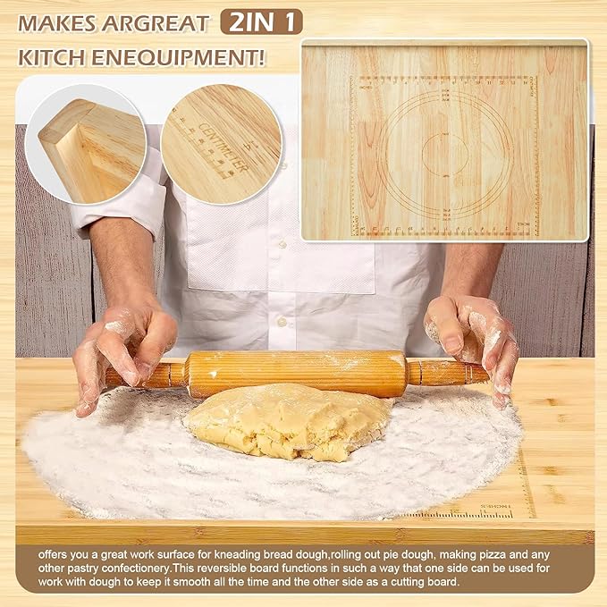 Reversible Wooden Pastry Board, 24" x 20" Wooden Cutting Board with Lip, Pastry Board Cutting Board Chopping Board Pie Board with Engraved Ruler for Counter Top Kitchen