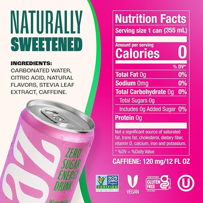 Zevia Zero Sugar Energy Drink, Watermelon, 12 oz Cans (12-Pack) – Naturally Sweetened, Non-GMO Project Verified, Gluten-Free, Vegan