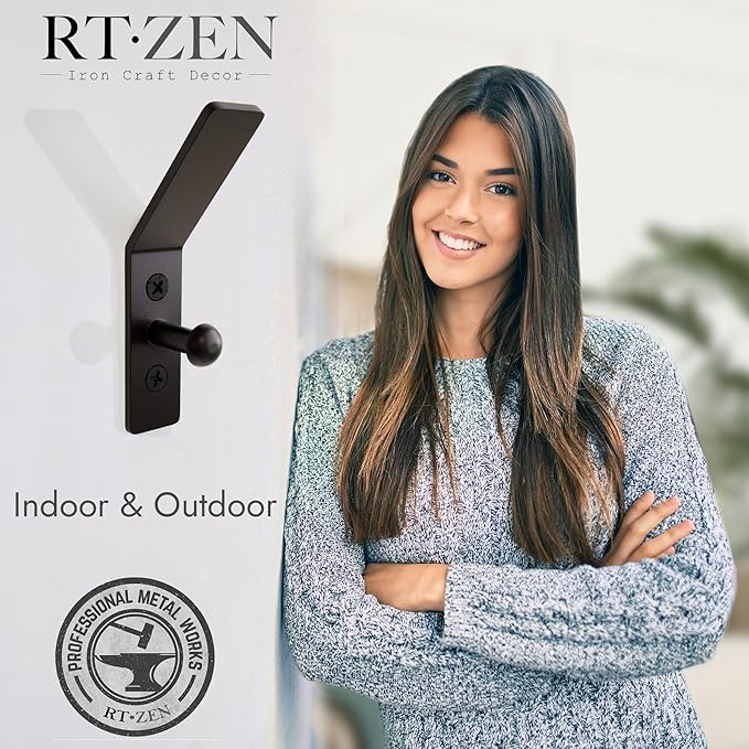 RTZEN Wall Mount Hook Set - Wrought Iron Decorative Rustic Metal Coat Hooks for Hanging - Handcrafted Classic Farmhouse Wall Mounted Black Hooks for Towel Robe or Hat Hanging - 3 Pack