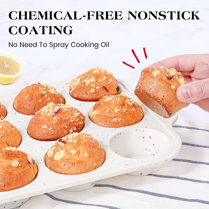 3 Pcs Silicone Baking Pan Set - Including Mini Loaf Pan, Standard Muffin Pan and Mini Muffin Pan - Silicone Cupcake Molds With Metal Reinforced Frame (Cream)