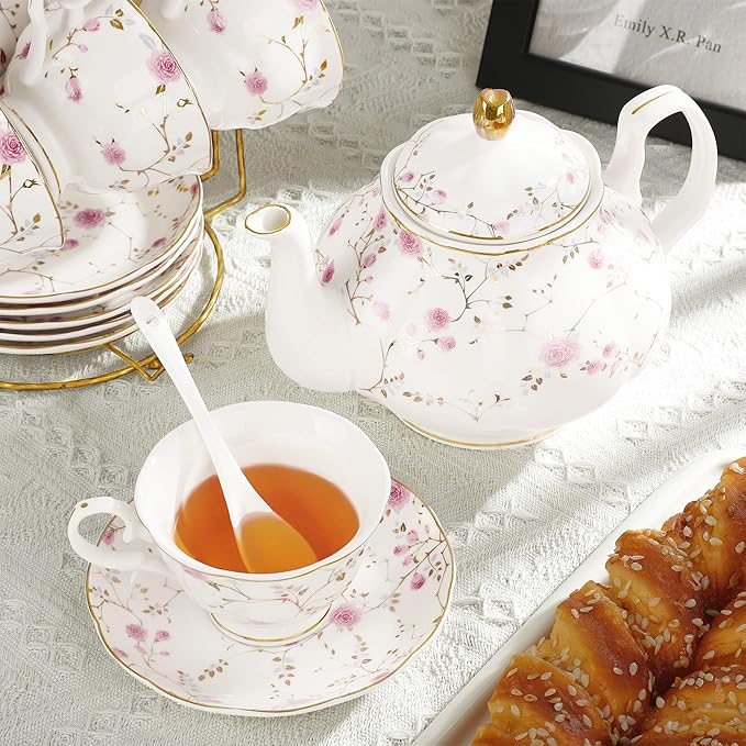 fanquare 21-Piece Gold Vine Floral Porcelain Tea Sets with Sugar Bowl Creamer Teacups, English Bone China Tea Service for Women TeaParty Family Gathering Home Décor