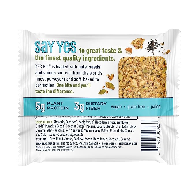The YES Bar – Black Sesame Sea Salt – Plant Based Protein, Decadent Snack Bar – Vegan, Paleo, Gluten Free, Dairy Free, Low Sugar, Healthy Snack, Breakfast, Low Carb, Keto Friendly (24 Count)