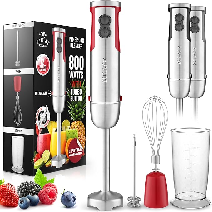 Zulay 4-in-1 Immersion Stick Mixer Hand Blender - 800 Watts, 12 Speeds, 5-ft Power Electric Cord, Handheld Portable, Stainless Steel Blades - With Whisk, Frother & Stick Blender Attachments - Red