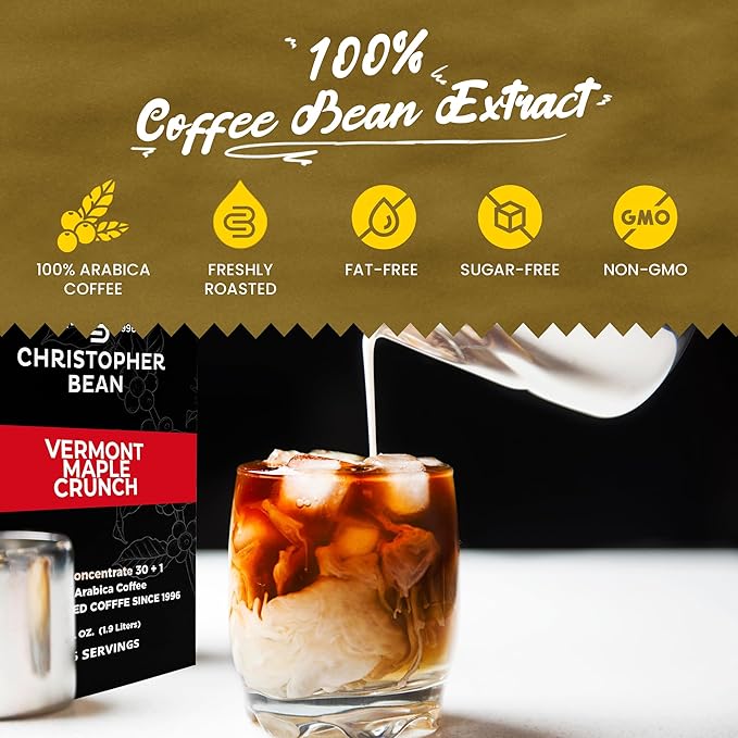 Christopher Bean Coffee - 396 servings, 30 to 1 Blend Bag in Box Liquid Instant Coffee or Cold Brew Coffee Concentrate - Hot or Iced Coffee - Vermont Maple