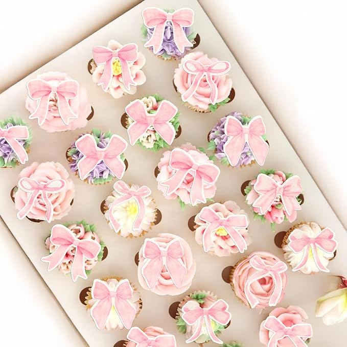 Gyufise 50Pcs Edible Pink Bowknot Cupcake Toppers Wafer Paper Bowknot Cake Dessert Picks Drink Topper Baby Shower Princess Cupcake Toppers for Birthday Party Decoration Supplies