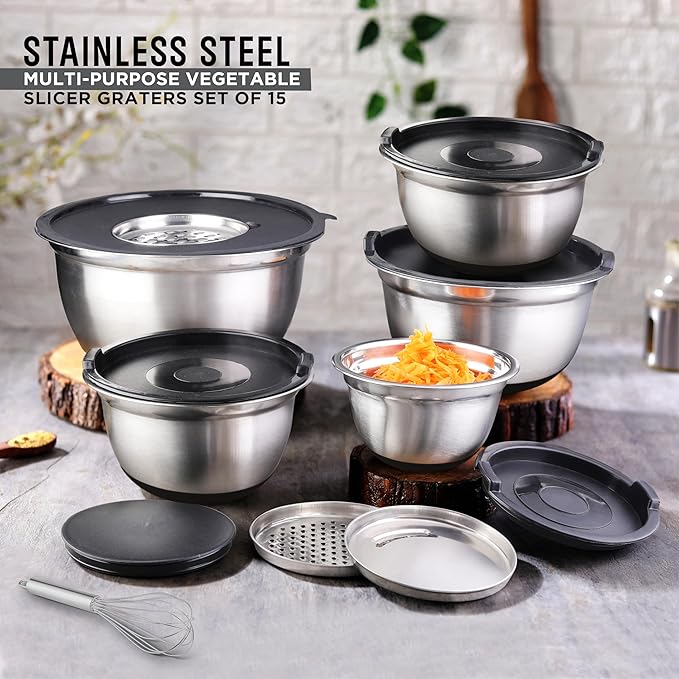 AVADOR Premium Stainless Steel Mixing Bowls Sets Brushed Stainless Steel Mixing Bowl Set, Easy To Clean, Space Saving, Great for Cooking, Baking, Prepping Needs (9 pc Anti Slip with Lid and Graters)