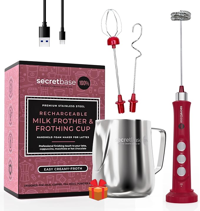 Secretbase Rechargeable Milk Frother Mixer, Pitcher and Charging Base - 3 Speed Handheld Foam Maker for Barista Style Coffee, Bulletproof Coffee, Keto Coffee and Matcha Latte