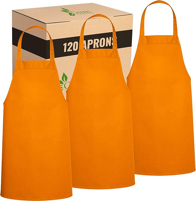 GREEN LIFESTYLE 120 Pack Professional Chef Apron – Grilling Aprons for Men, Waterproof Cooking Apron for BBQ, Work or Restaurant Use, Kitchen Aprons for Women – Orange, No Pockets