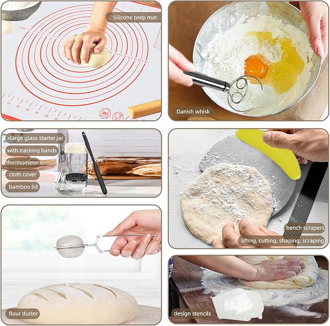 4 Color Complete sourdough bread makin Starter Kit,Sourdough Bread Baking Supplies for Beginner with Pot, Banneton Bread Proofing Baskets, Starter Jar, Scraper, Bread Making Tools & More (Orange)