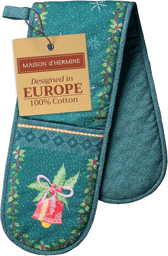 Maison d' Hermine Double Oven Mitts 100% Cotton 7"x35" Double Oven Mitt Heat Resistant BBQ Cooking Gloves with Loop, Baking, Grilling, Home, Kitchen, Handling Hot Pans (Hygge Christmas)