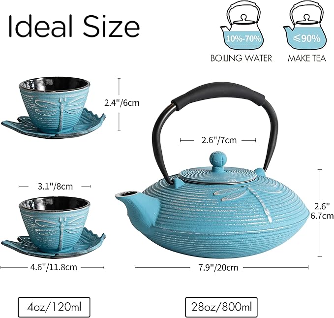 Cast Iron Teapot Set with 2 Tea Cups, 7 Pcs Japanese Tea Kettle with Stainless Steel Infuser, Tea Pot Coated with Enameled Interior, Dragonfly Pattern, 28oz 800ml Blue