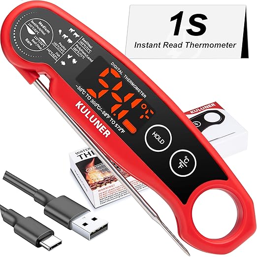 1-Second Rapid and Accurate Meat Thermometer - Waterproof Multifunctional Kitchen Food Thermometer, Ideal for Frying, Smoking, Grilling and More(Red)