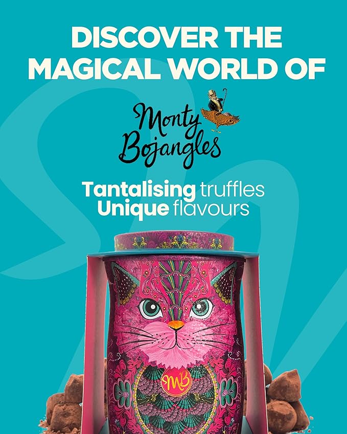 Monty Bojangles Cocoa Dusted Chocolate Truffles Cat Tin (Violet Rebel - 4.7oz) Choccy Scoffy Flavored Luxury Chocolatey Truffles - Collectable Cat Tin, Chocolate Gift Box With Bespoke Design