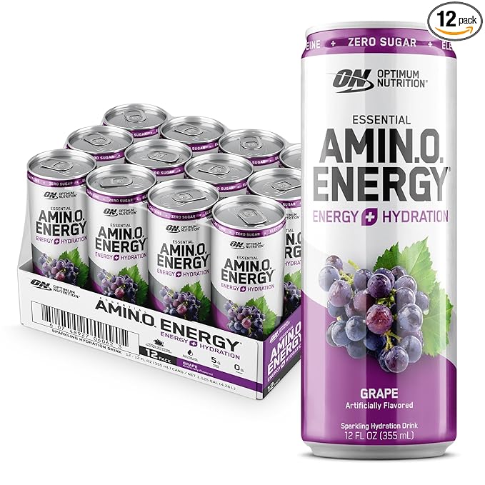 Optimum Nutrition Amino Energy Sparkling Hydration Drink, Electrolytes, Caffeine, Amino Acids, BCAAs, Sugar Free, Grape, 12 Fl Oz, 12 Pack (Packaging May Vary)