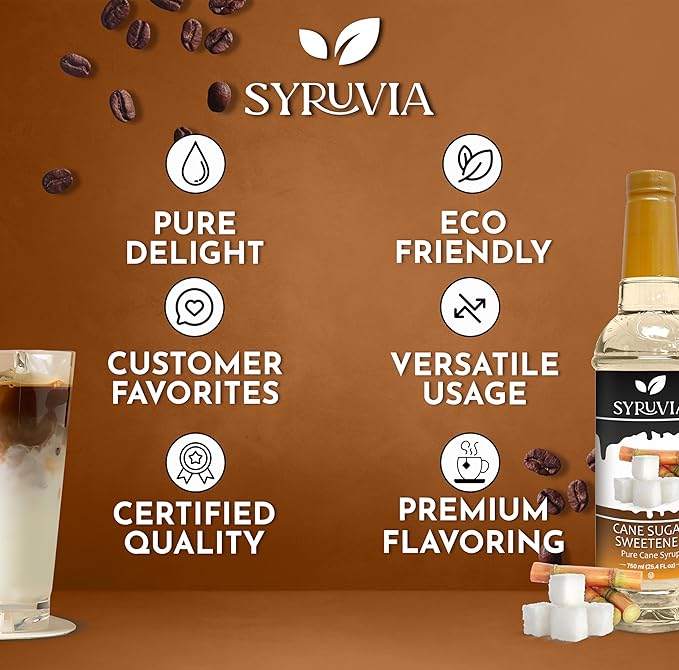 Syruvia Coffee Syrup, Cane Sugar Sweetener Flavored Syrup for Drinks, Lattes, and Desserts – 25.4 fl oz