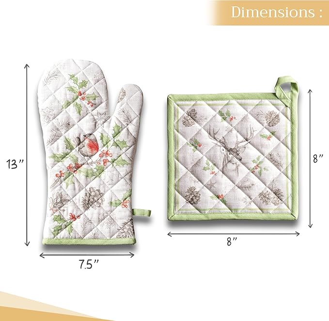 Maison d' Hermine 100% Cotton Oven Mitt & Pot Holder Set (7.5"x13" & 8"x8") Heat Resistant BBQ Cooking Gloves with Loop, Baking, Grilling, Kitchen, Handling Hot Pans (Christmas Dew)