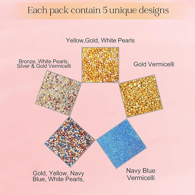 Confect Cake Decorating Sprinkles |Edible Pearl Sprinkles | Mix Gold White Blue & Yellow Pearl Dragees | Blue Jimmies | Gold Sparkling Sugar | Glam Sprinkles | Vegan, Gluten-Free, Nut-Free, Soy-Free, Dairy-Free, Palm Oil-Free - 5 Oz