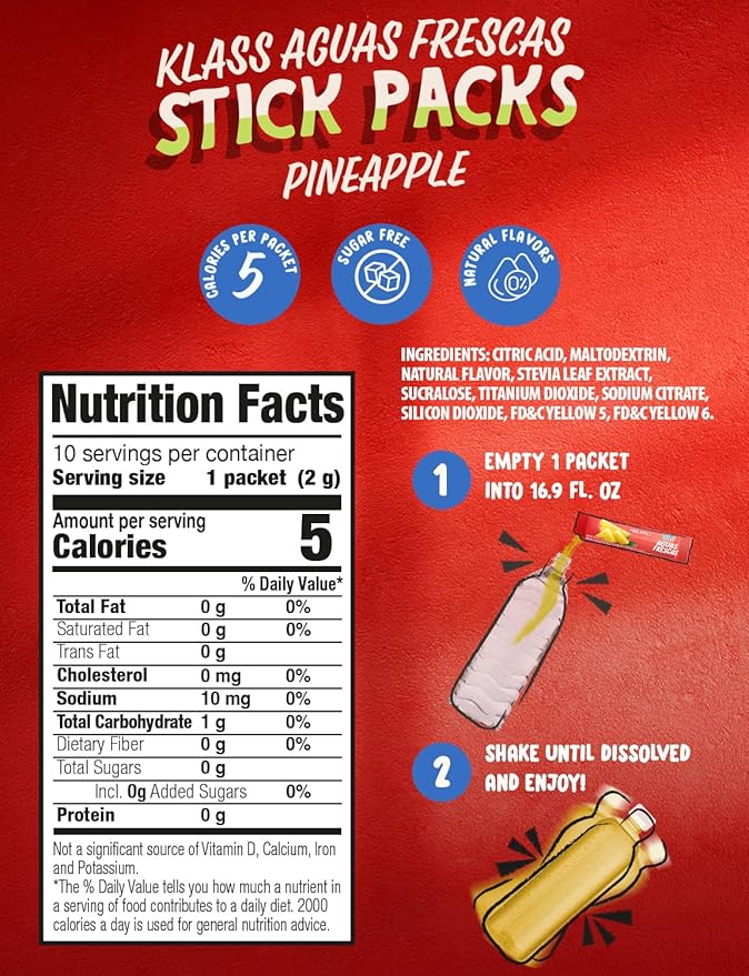 Klass Aguas Frescas | Drink Mix Packets | Pineapple Flavored | Sugar Free On-The-Go Packets, Low Calorie (40 Count Powder Stick Packs)