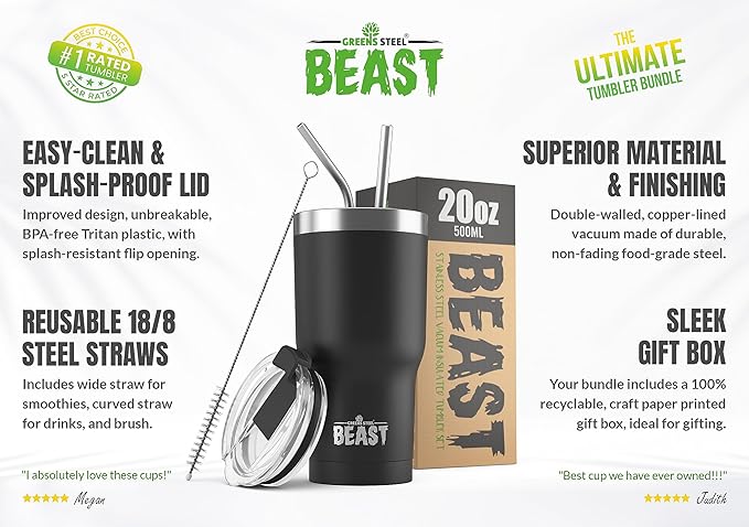Beast 20 oz Tumbler Stainless Steel Vacuum Insulated Coffee Ice Cup Double Wall Travel Flask (Matte Black)