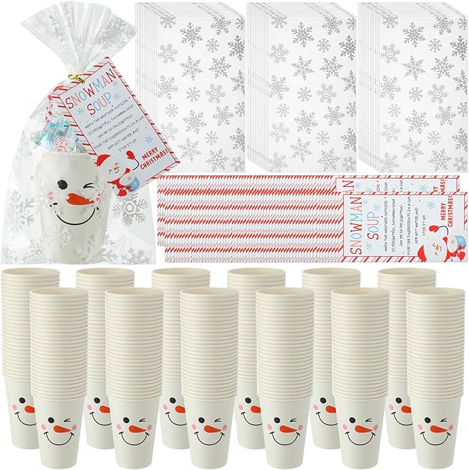 200 Sets Christmas Snowman Soup Kits for Classroom Coworker Gift 12 Oz Winter Snowman Paper Cups for Hot Cocoa Chocolate Marshmallow Soup Tags Clear Xmas Bags (Elegant)