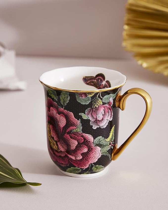 Spode Creatures of Curiosity 12oz Fine China Mug, Black Floral Pattern - Porcelain Tea & Coffee Cup with 22ct Gold Handle and Rim - Elegant Vintage Inspired Drinkware, Boxed for Gifting
