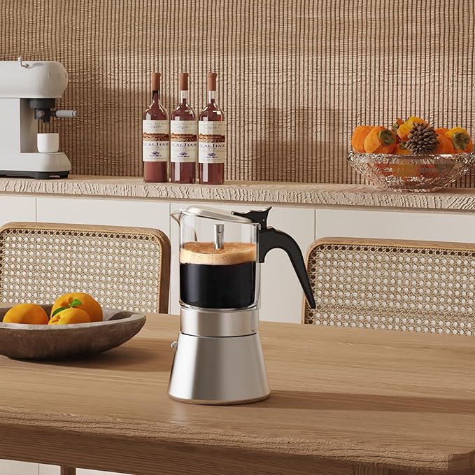 Stovetop Espresso Maker, Crystal Glass-top & Stainless Steel Espresso Moka Pot,Classic Italian coffee maker（360ml）