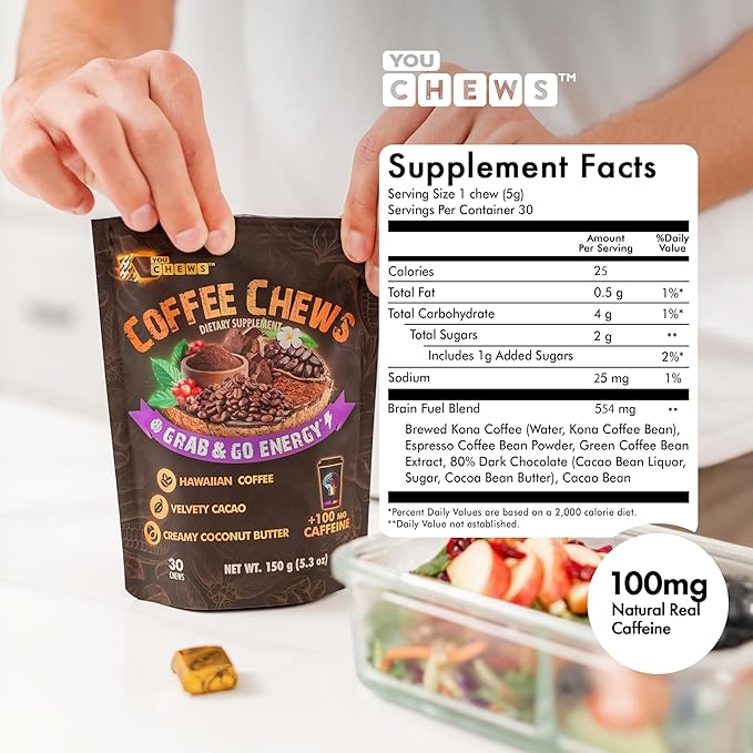 Coffee Chews - Grab & Go Energy with 100mg per Chew of Clean, Green Caffeine. with Real Organic Ingredients, Low Sugar, Great Bold Taste & Long Lasting Energy Boost (Pack of 2)
