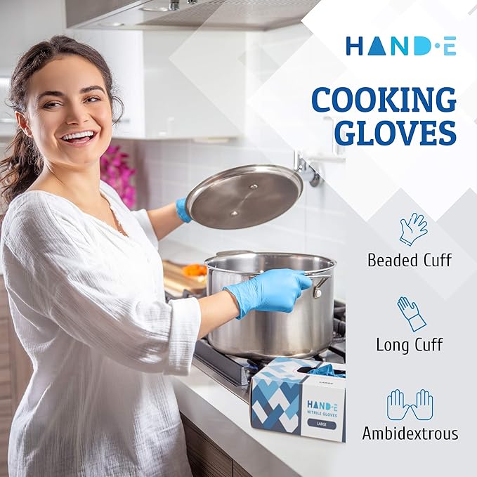 Hand-E Touch Blue Nitrile Disposable Gloves - Latex Free Medical Exam Gloves, Powder Free, Food Safe, Cooking