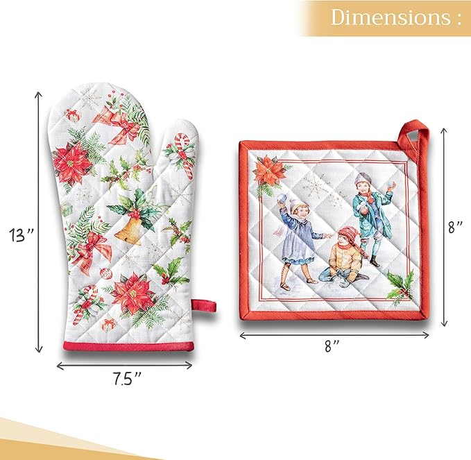 Maison d' Hermine 100% Cotton Oven Mitt & Pot Holder Set (7.5"x13" & 8"x8") Heat Resistant BBQ Cooking Gloves with Loop, Baking, Grilling, Kitchen, Handling Hot Pans (Chromo)