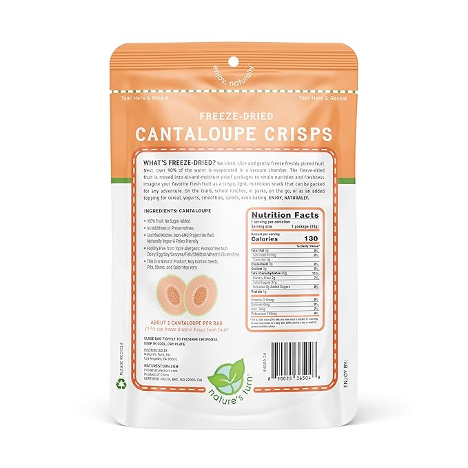 Nature’s Turn Freeze-Dried Fruit Snacks, Cantaloupe Crisps, Pack of 6 (1.2 oz Each)