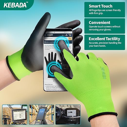 Kebada W1 Work Gloves for Men and Women, PU Coated Safety Gloves with Grip, Touchscreen, Ideal for Warehouse Package Handling, Construction, Gardening, Green Medium