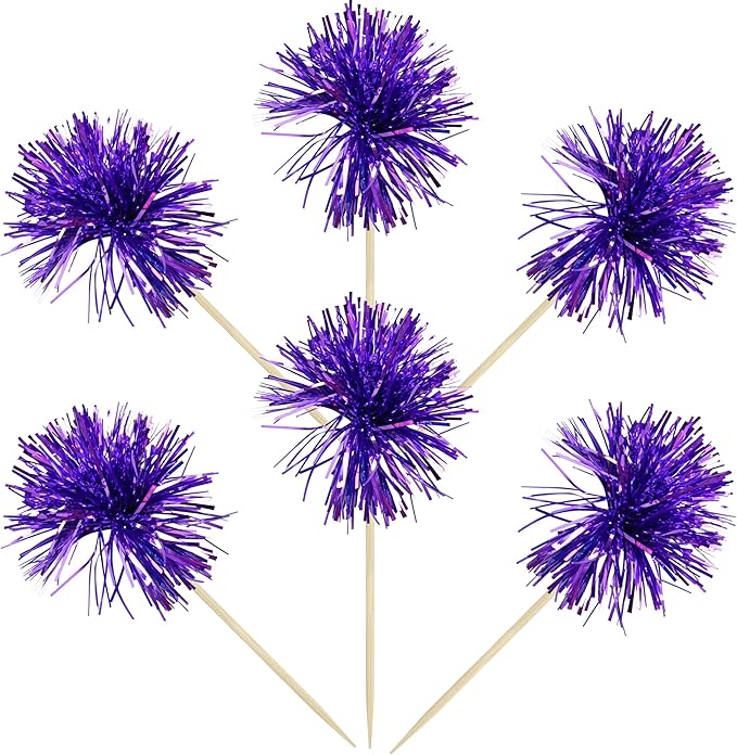 Gyufise 30Pcs Foil Firework Cupcake Toppers Sparkle Tinsel Cake Toppers Tinsel Drink Cake Decoration Cocktail Picks for Birthday Wedding Graduation Party Supplies Dark Purple
