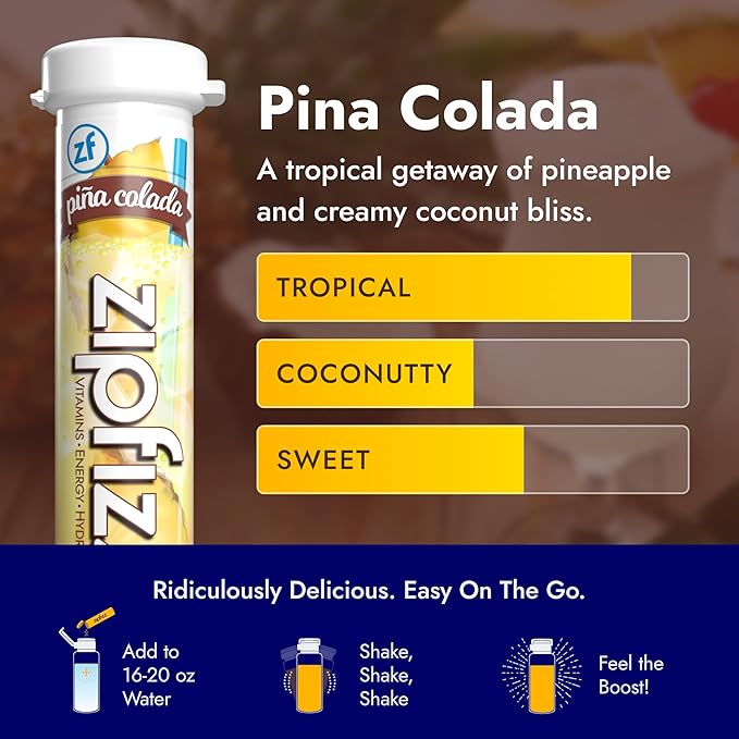 Zipfizz Daily Energy Drink Powder, Pina Colada, 20 Pack | 3-in-1 Sustained Energy, Rapid Hydration, and Essential Vitamins | Sugar-Free | Electrolyte Powder | Contains Vitamin B-12 & Antioxidants