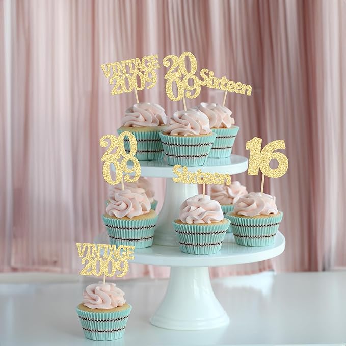 Gyufise 24Pcs Sweet 16 Cupcake Toppers Glitter Sixteen Vintage 2009 16th Birthday Cupcake Picks Hello 16 Years Birthday Cake Decorations for Happy 16th Anniversary Party Supplies Gold