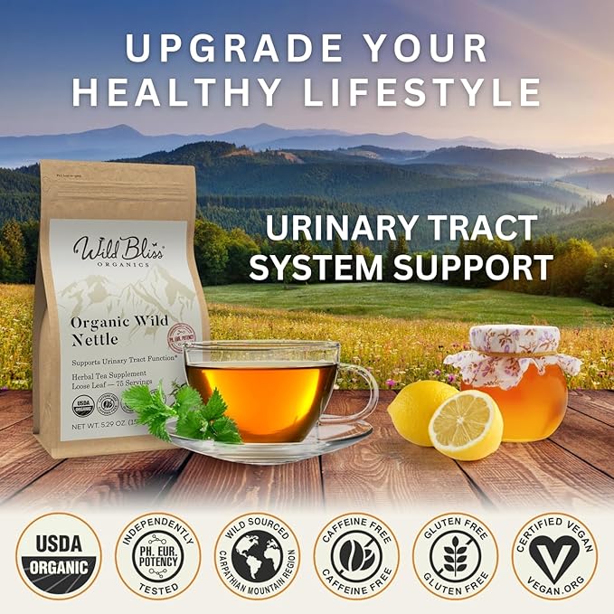 Organic Wild Stinging Nettle Leaf Tea - Caffeine Free Loose Leaf Herbal Tea - 5.3 Oz - 75 Servings