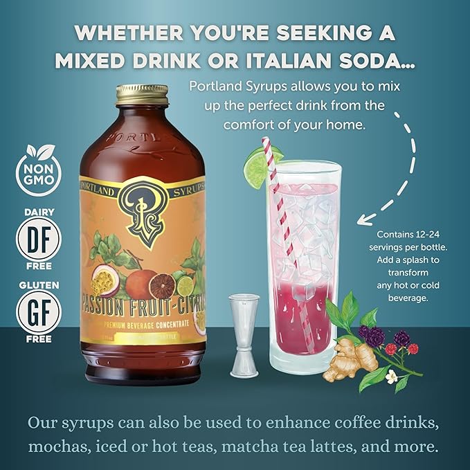 Portland Syrups Citrus-Passion Syrup - Craft Tropical Sensations for Cocktails, Mocktails, Soda, and More - 12 oz with 12 Servings (Pack of 2)
