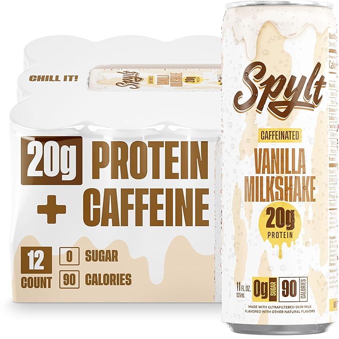 Spylt High Protein Vanilla Milkshake with 60mg Caffeine & 20g Protein - 90 Calories, Ready to Drink, Sugar Free, Lactose Free Milk, Perfect for Workout Recovery & Afternoon Pick Me Up - 12 Count