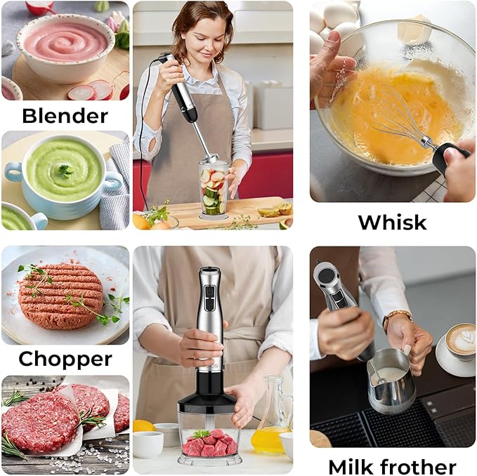 KOIOS Immersion Blender, 1100W 5-in-1 Multi-Purpose Hand Blender, 12-Speed, 600ml Beaker, 500ml Chopper, Egg Whisk, Milk Frother, Black