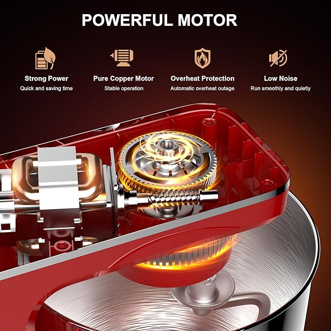 10-Speed Stand Mixer with 8-in-1 Splash Guard, Tilt-Head, 6QT Stainless Steel Bowl + Dishwasher-Safe Dough Hook/Whisk/Beater/Spatula for Baking Bread, Cakes, Cookies, Red